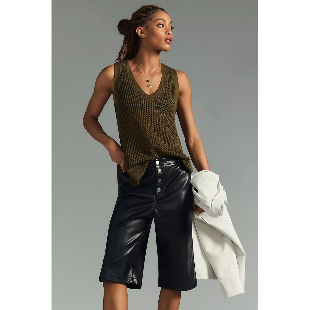 Maeve Anthropologie Olive Green Open Knit V-Neck Sweater Vest Side Slit Small